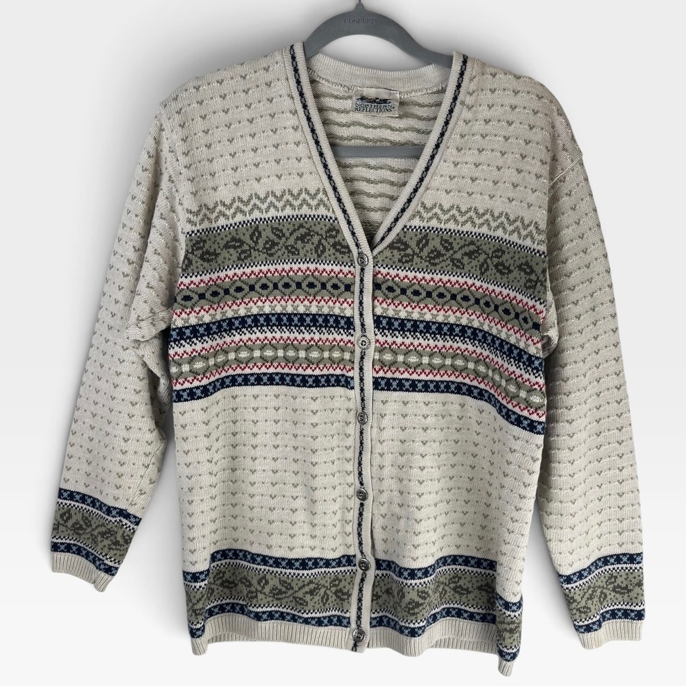 Northern Reflections Vintage Fair Isle Button Front Cardigan Sweater Cream Green